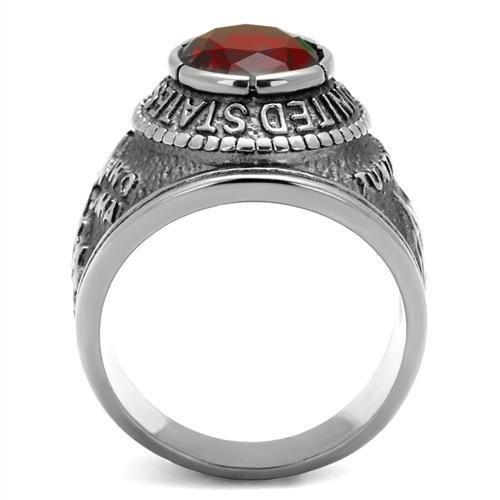 U.S. Marine Corps - High polished (no plating) Stainless Steel Ring with Siam color Syn glass stone