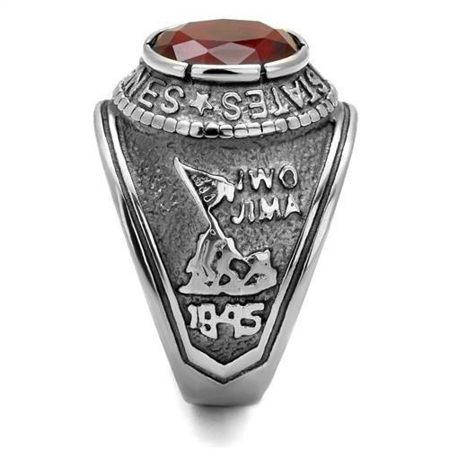 U.S. Marine Corps - High polished (no plating) Stainless Steel Ring with Siam color Syn glass stone
