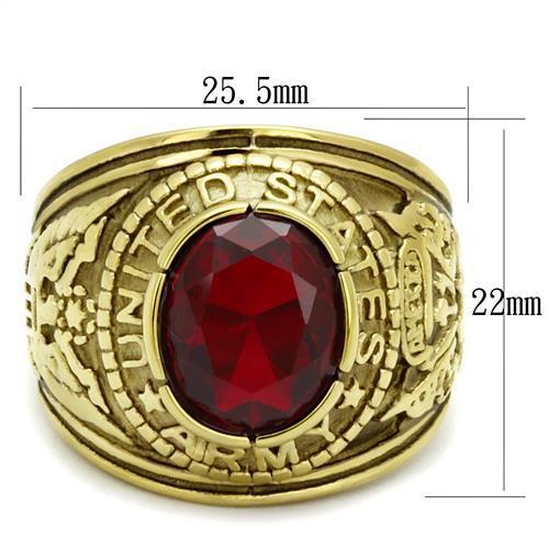 U.S. Army - Gold IP (Ion Plating) Stainless Steel Ring with Siam color Syn glass stone