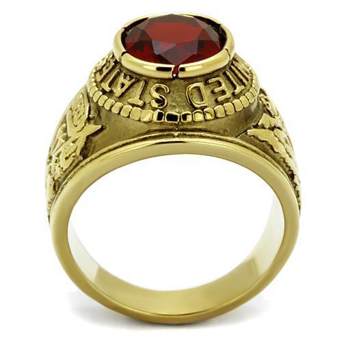 U.S. Army - Gold IP (Ion Plating) Stainless Steel Ring with Siam color Syn glass stone