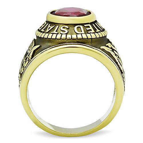 U.S. Army - Gold IP (Ion Plating) Stainless Steel Ring with Siam color Syn glass stone