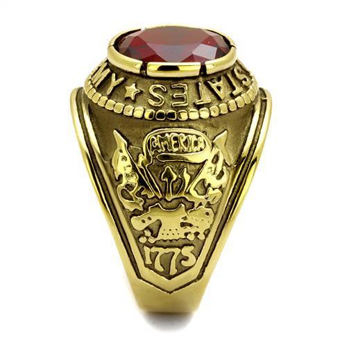 U.S. Army - Gold IP (Ion Plating) Stainless Steel Ring with Siam color Syn glass stone