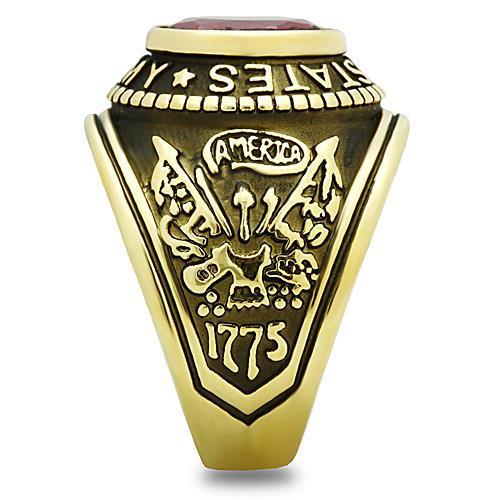 U.S. Army - Gold IP (Ion Plating) Stainless Steel Ring with Siam color Syn glass stone