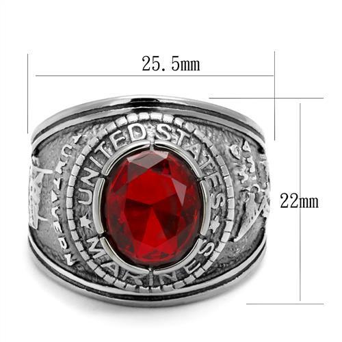 U.S. Marine Corps - High polished (no plating) Stainless Steel Ring with Siam color Syn glass stone