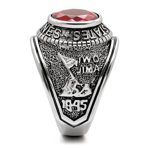 U.S. Marine Corps - High polished (no plating) Stainless Steel Ring with Siam color Syn glass stone