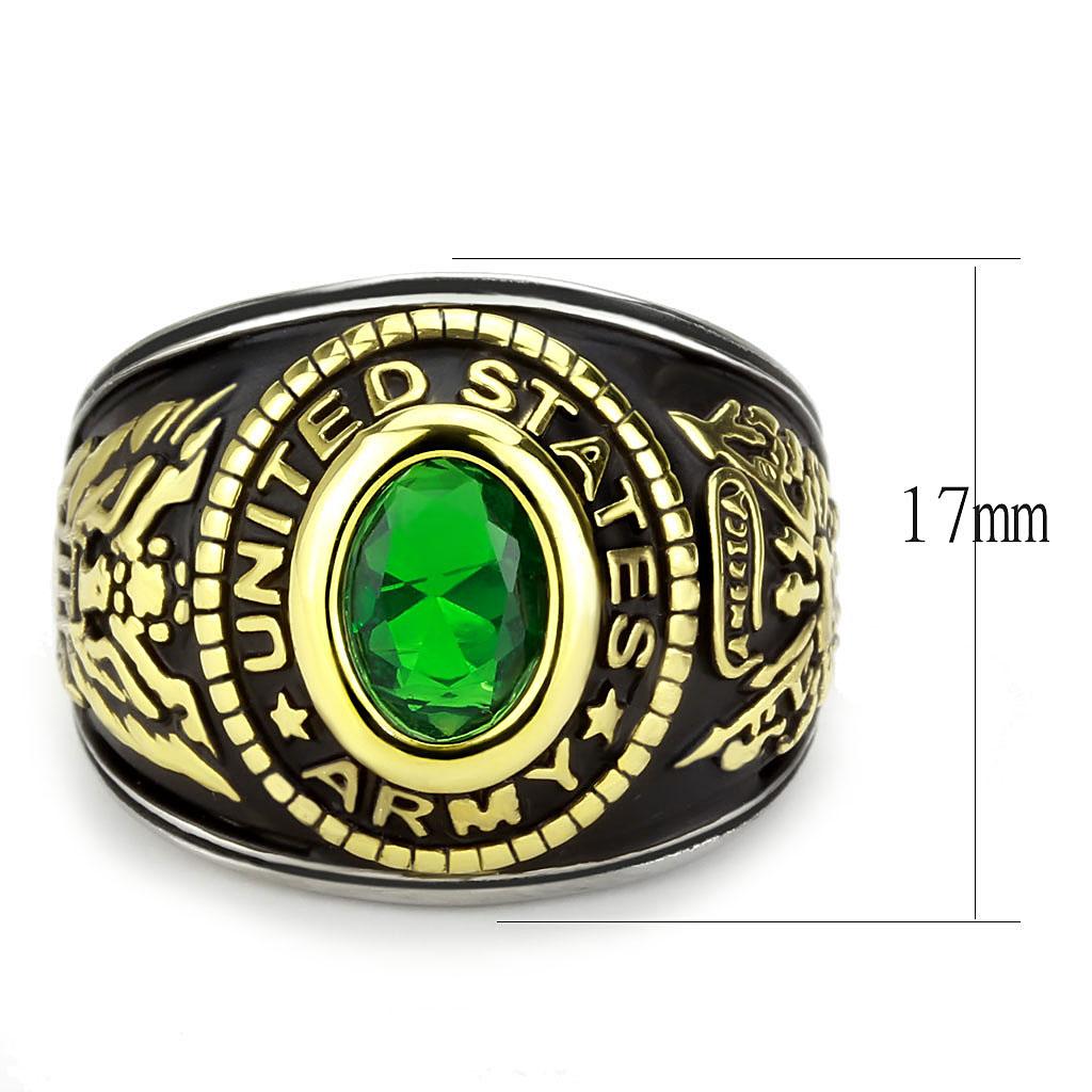 U.S. Army - Two-Tone IP Gold (Ion Plating) Stainless Steel Ring with Emerald color Syn glass stone