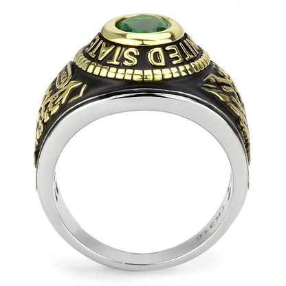 U.S. Army - Two-Tone IP Gold (Ion Plating) Stainless Steel Ring with Emerald color Syn glass stone