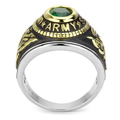 U.S. Army - Two-Tone IP Gold (Ion Plating) Stainless Steel Ring with Emerald color Syn glass stone