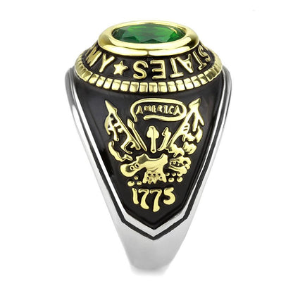 U.S. Army - Two-Tone IP Gold (Ion Plating) Stainless Steel Ring with Emerald color Syn glass stone