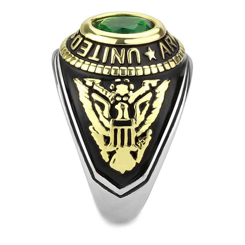 U.S. Army - Two-Tone IP Gold (Ion Plating) Stainless Steel Ring with Emerald color Syn glass stone