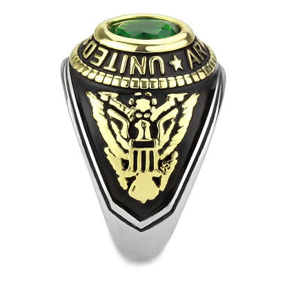 U.S. Army - Two-Tone IP Gold (Ion Plating) Stainless Steel Ring with Emerald color Syn glass stone