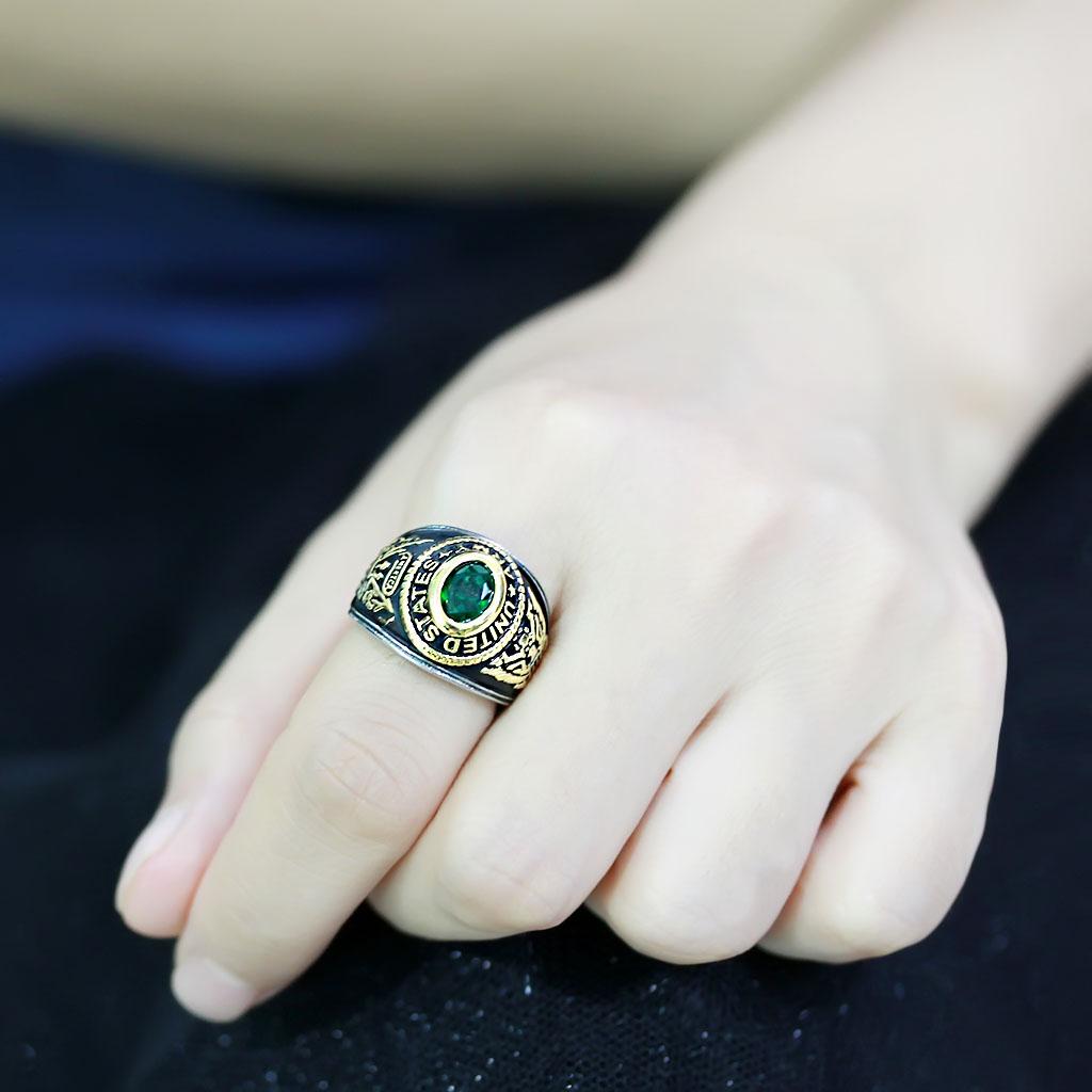 U.S. Army - Two-Tone IP Gold (Ion Plating) Stainless Steel Ring with Emerald color Syn glass stone