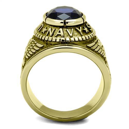 U.S. Navy - Gold IP (Ion Plating) Stainless Steel Ring with Montana color Syn glass stone