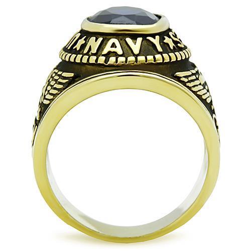 U.S. Navy - Gold IP (Ion Plating) Stainless Steel Ring with Montana color Syn glass stone