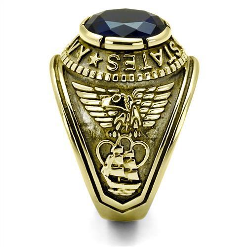 U.S. Navy - Gold IP (Ion Plating) Stainless Steel Ring with Montana color Syn glass stone