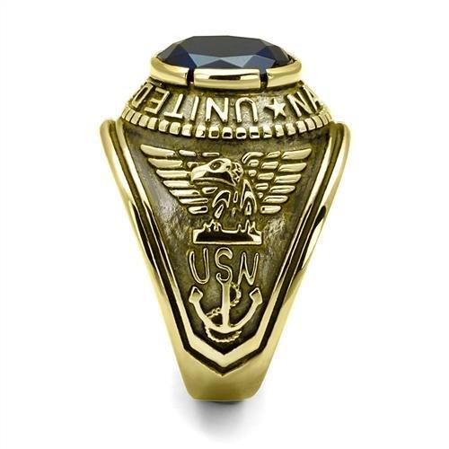 U.S. Navy - Gold IP (Ion Plating) Stainless Steel Ring with Montana color Syn glass stone