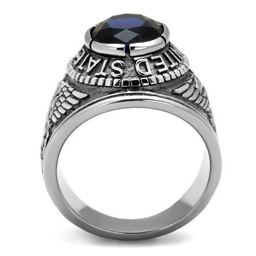 U.S. Navy - High polished (no plating) Stainless Steel Ring with Sapphire color Syn glass stone