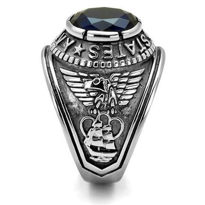 U.S. Navy - High polished (no plating) Stainless Steel Ring with Sapphire color Syn glass stone