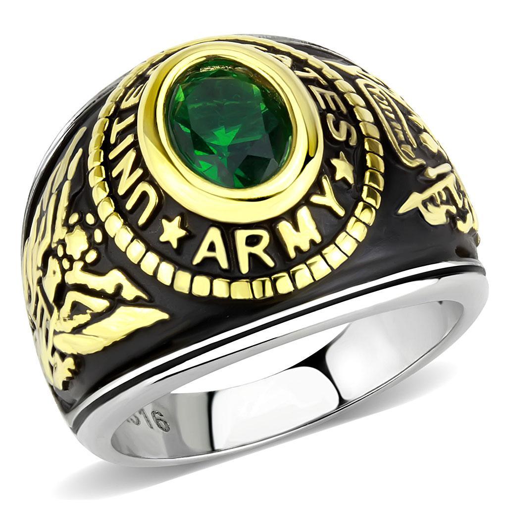 U.S. Army - Two-Tone IP Gold (Ion Plating) Stainless Steel Ring with Emerald color Syn glass stone