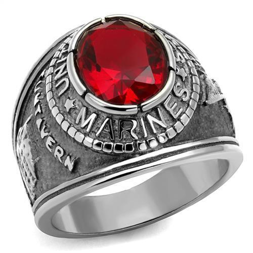 U.S. Marine Corps - High polished (no plating) Stainless Steel Ring with Siam color Syn glass stone