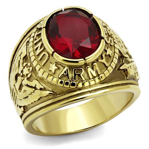 U.S. Army - Gold IP (Ion Plating) Stainless Steel Ring with Siam color Syn glass stone