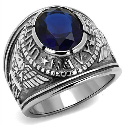 U.S. Navy - High polished (no plating) Stainless Steel Ring with Sapphire color Syn glass stone