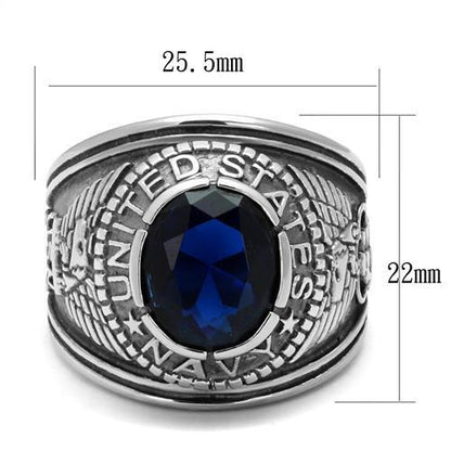 U.S. Navy - High polished (no plating) Stainless Steel Ring with Sapphire color Syn glass stone