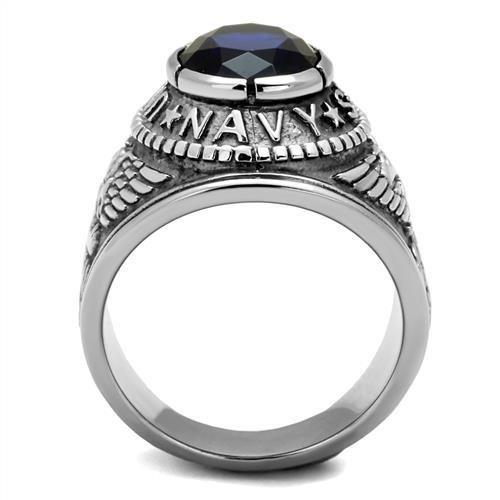 U.S. Navy - High polished (no plating) Stainless Steel Ring with Sapphire color Syn glass stone