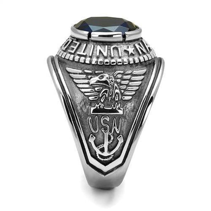 U.S. Navy - High polished (no plating) Stainless Steel Ring with Sapphire color Syn glass stone