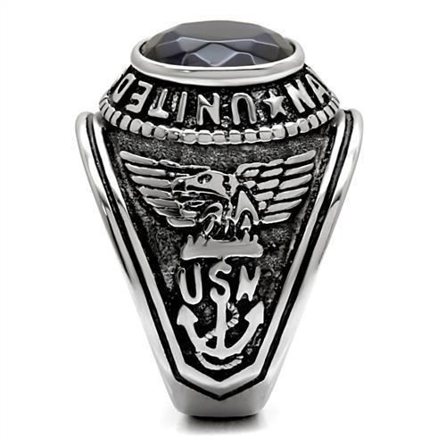 U.S. Navy - High polished (no plating) Stainless Steel Ring with Sapphire color Syn glass stone