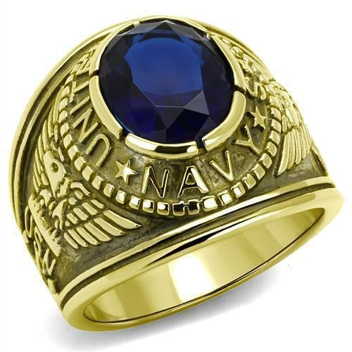 U.S. Navy - Gold IP (Ion Plating) Stainless Steel Ring with Montana color Syn glass stone